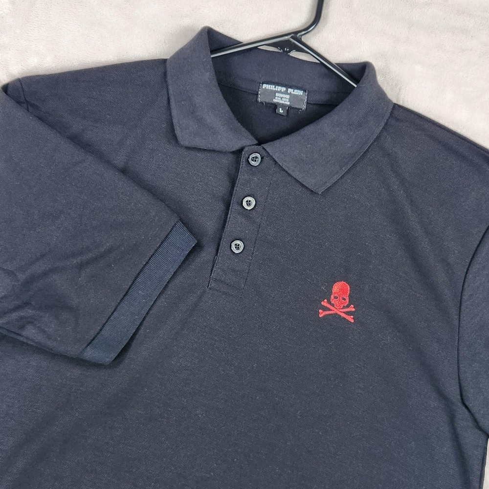 Philipp Plein Polo Shirt Mens Large Black Skull Crossbones Embroidered Casual